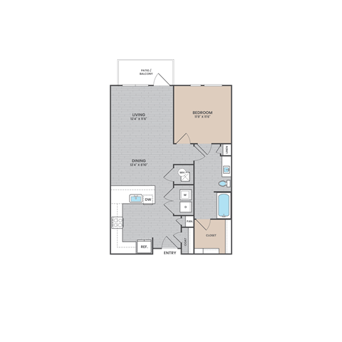 Floor plan for 1 bed, 1 bath, 804 sqft